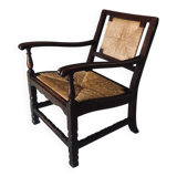 Low Arts & Crafts Oak & Rush Armchair, Belgium 1920s