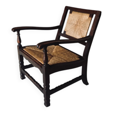Low Arts & Crafts Oak & Rush Armchair, Belgium 1920s