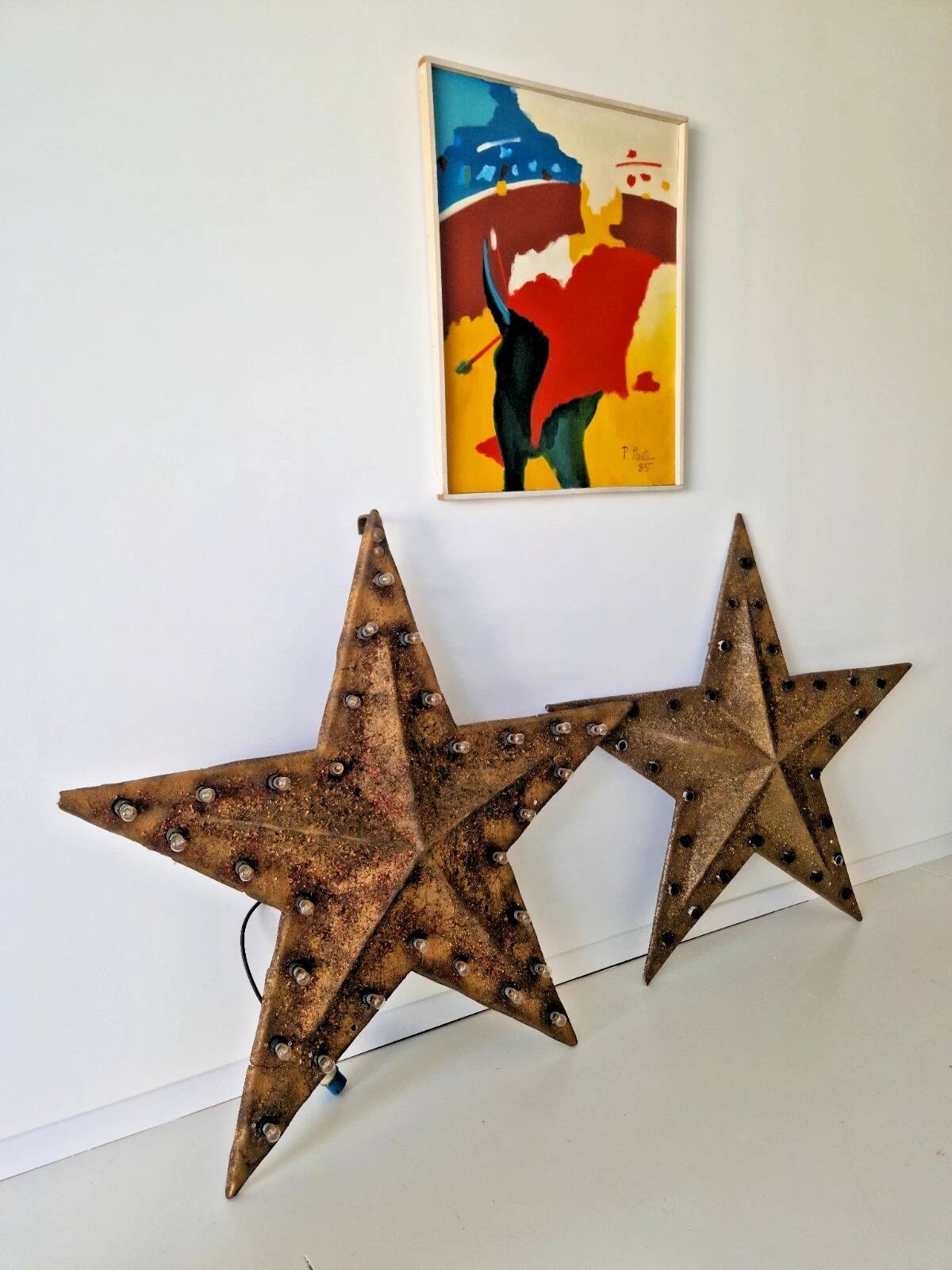 Pair of Vintage Industrial Marquee Star Wall Lights Distressed Gold Finish 1960s