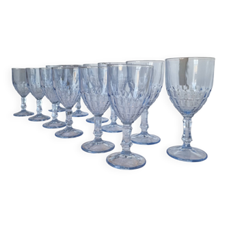 Set of 6 water glasses and 6 wine glasses Vintage French in blue carved crystal in perfect