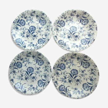 4 assiettes plates gien art deco modèle oeillets en bleu