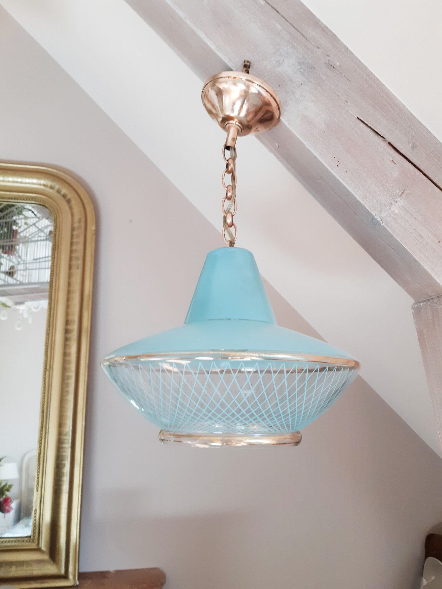 Vintage ceiling lamp suspension in glass, blue, 50s