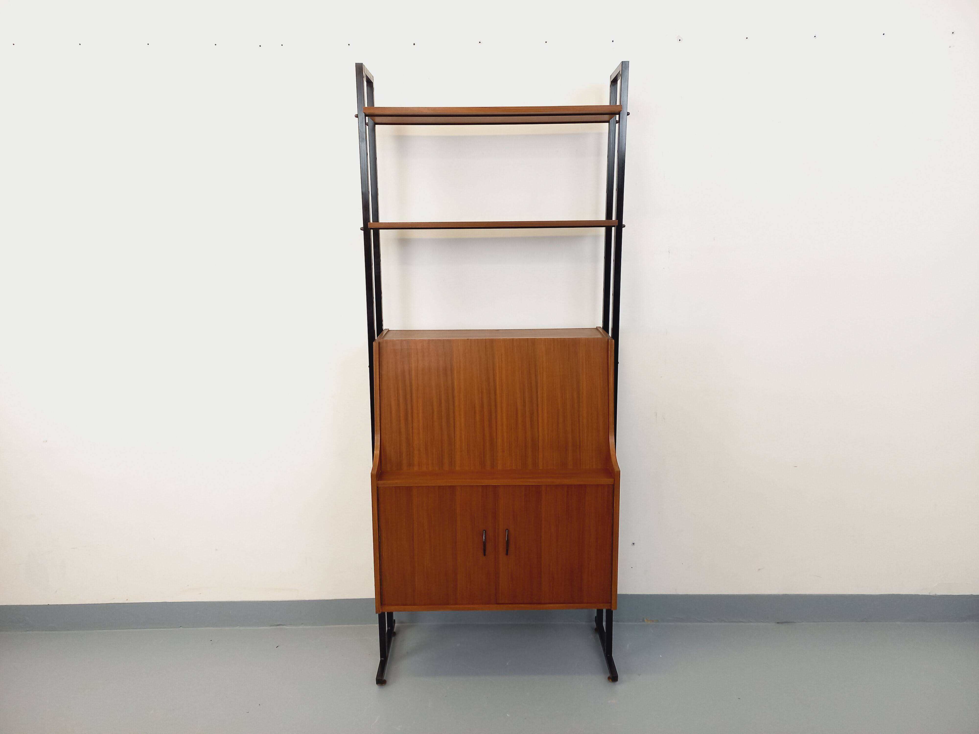 Vintage modular secretary bookshelf in teak and metal.
