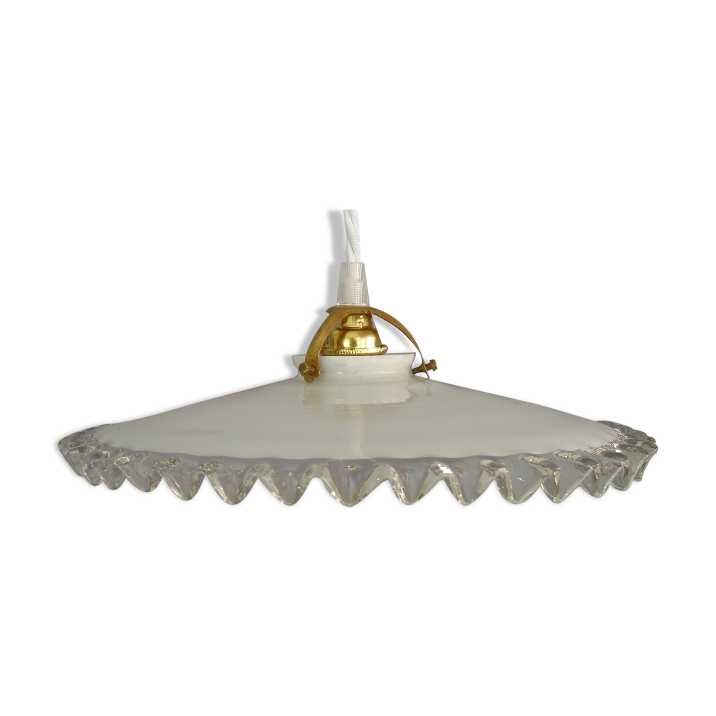Flat white opaline hanging with transparent toothed collar