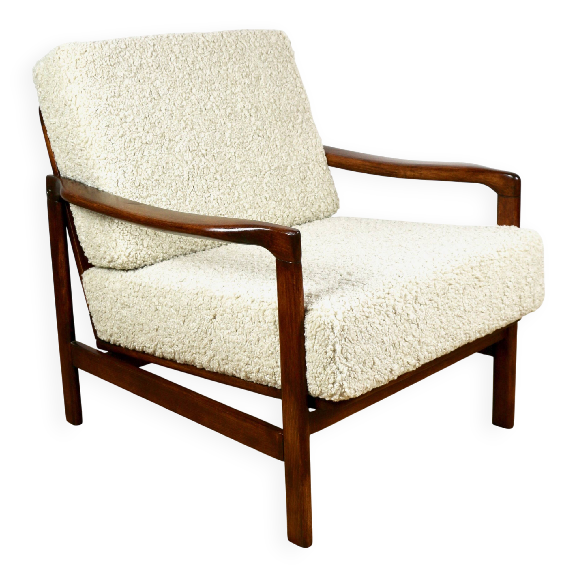 Wooden vintage brown armchair beige ivory long pile boucle design by Z. Bączyk - 2 pieces available