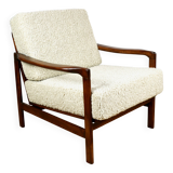 Wooden vintage brown armchair beige ivory long pile boucle design by Z. Bączyk - 2 pieces available