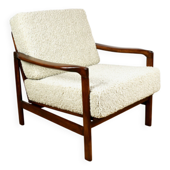 Wooden vintage brown armchair beige ivory long pile boucle design by Z. Bączyk - 2 pieces available