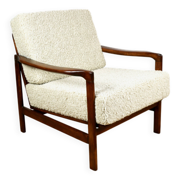 Wooden vintage brown armchair beige ivory long pile boucle design by Z. Bączyk - 2 pieces available