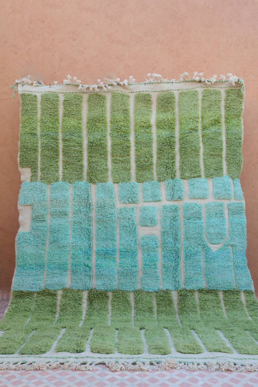 Almond green and blue green Moroccan rug with modern reliefs