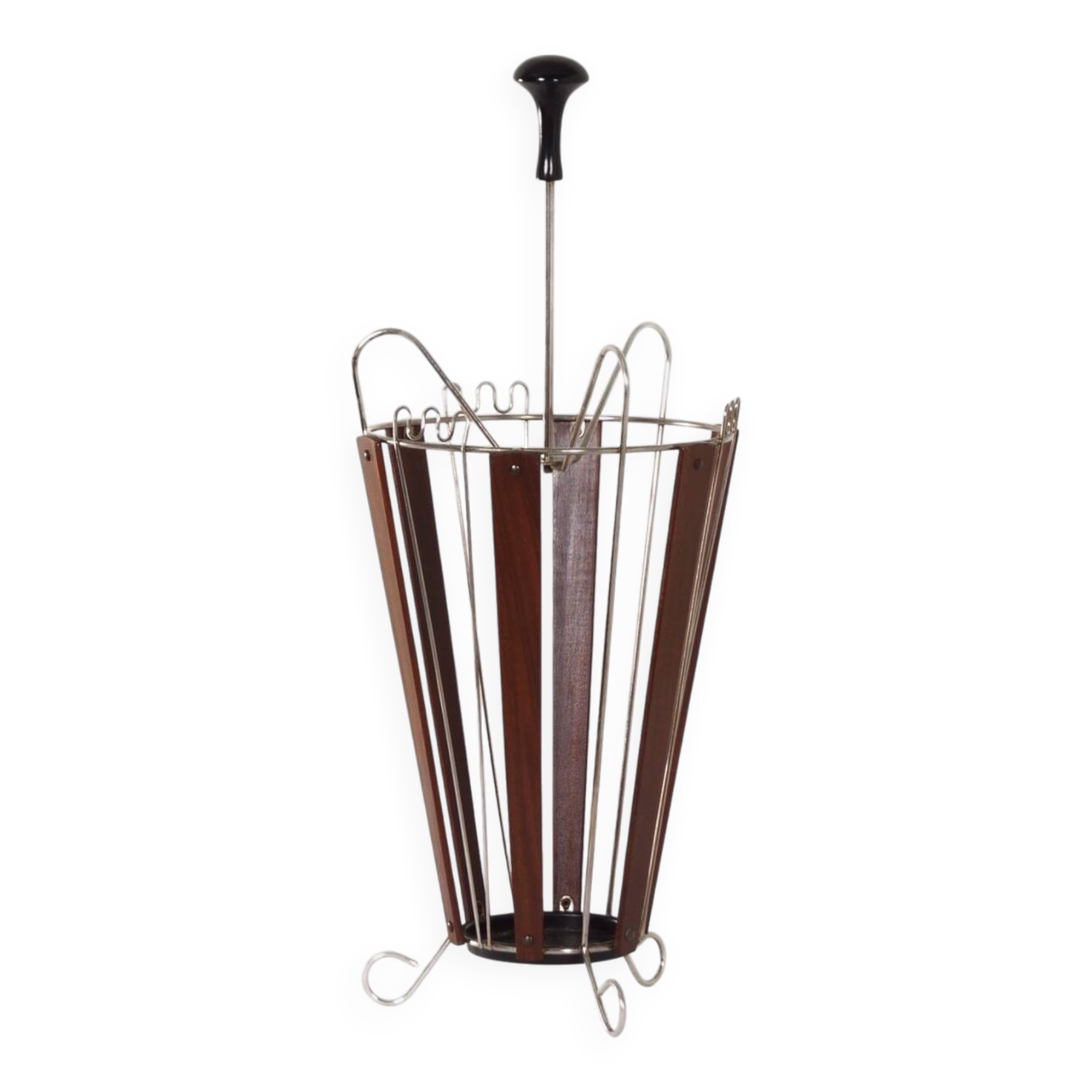 Vintage Teak and Curved Metal Umbrella Stand, 1950s