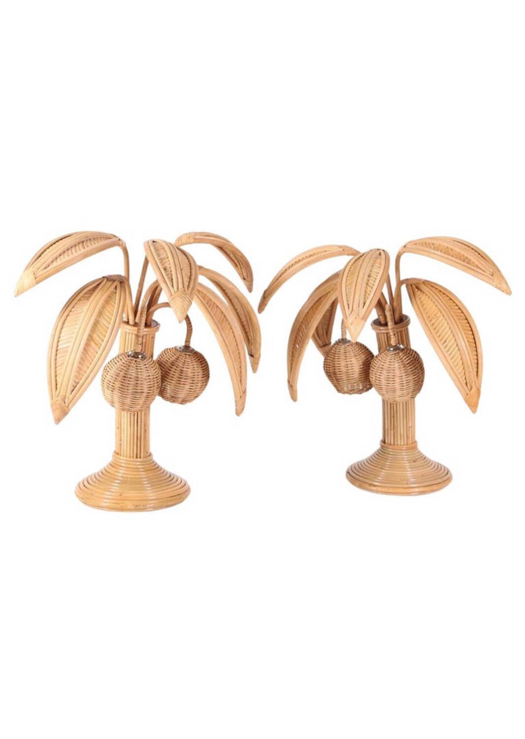 Paire de lampes palmier-cocotier en rotin