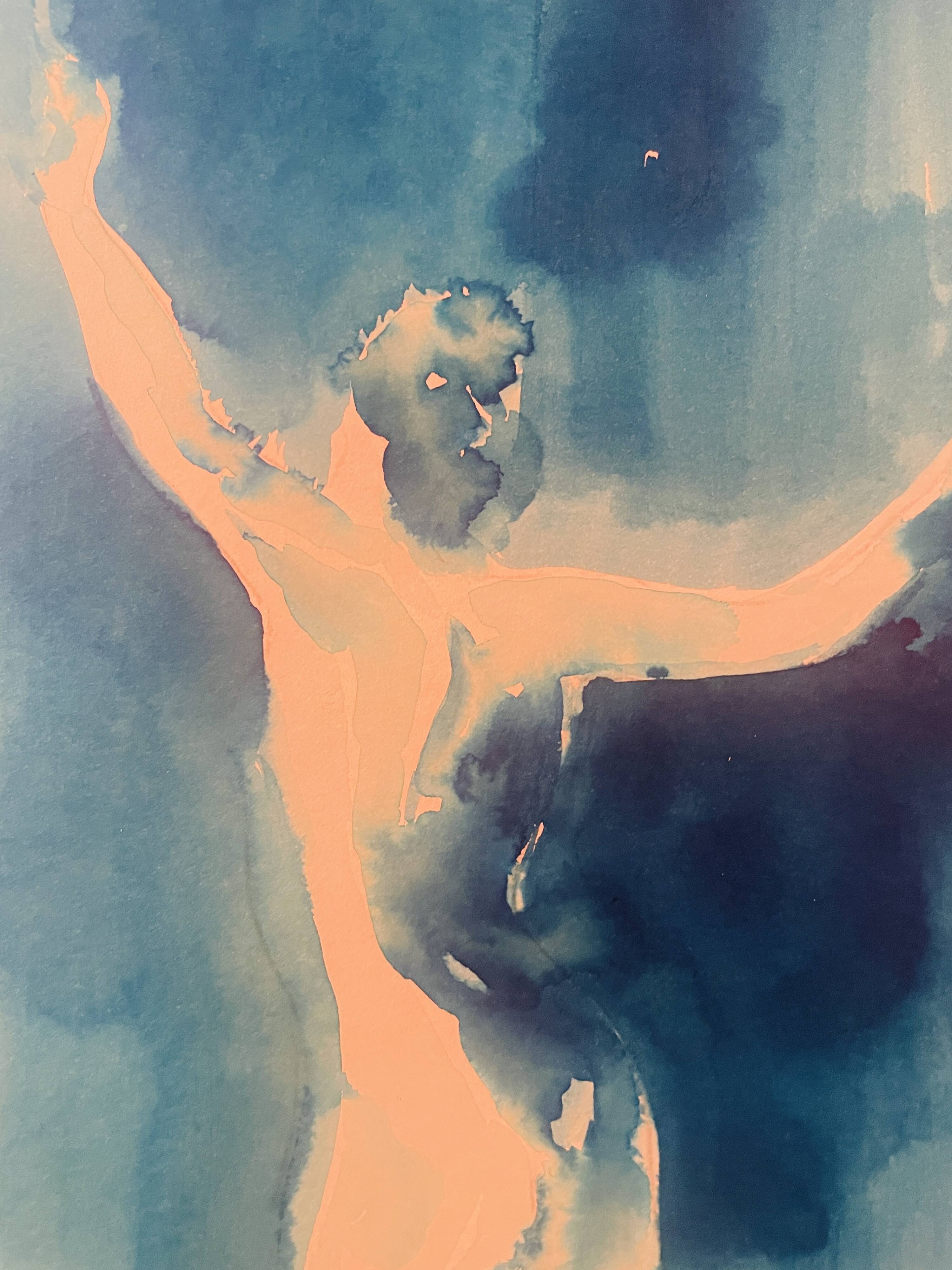 Monochrome blue watercolour tableau collection "Blue Lady" Dance, signed.