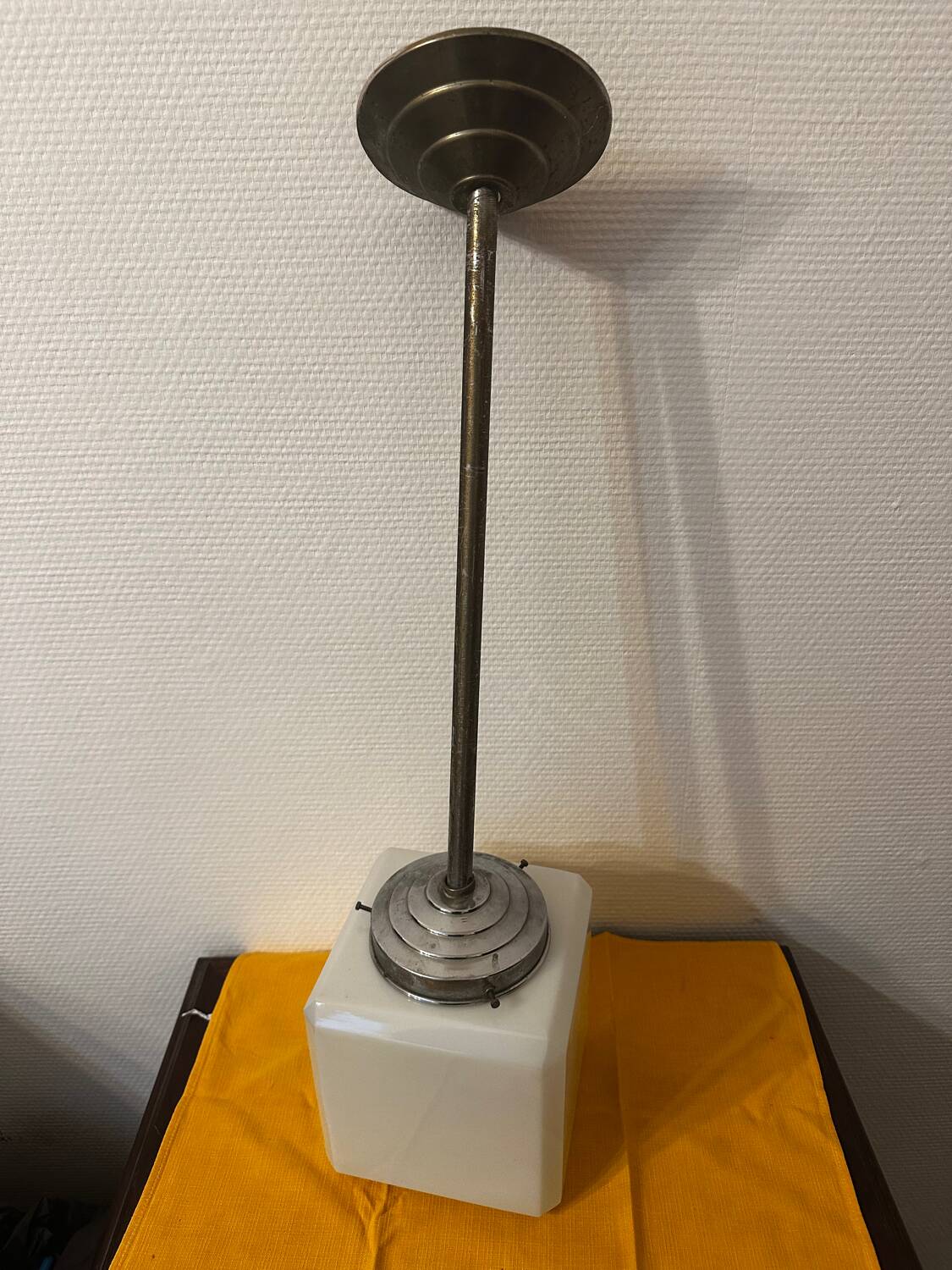 Opaline cubic pendant lamp in Art Deco style attributed to Walter Georg Kostk.