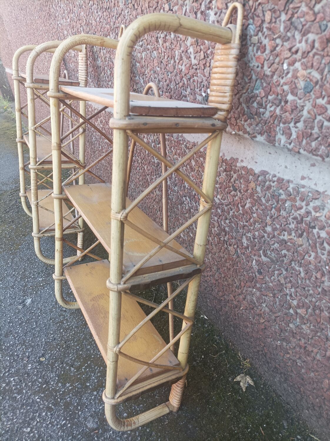 Pair of wall shelves vintage in rattan bamboo wicker