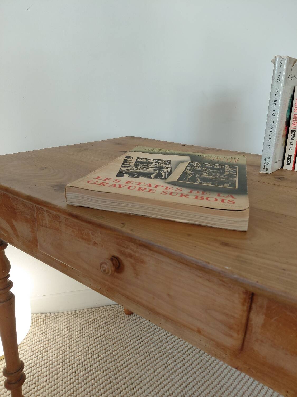 Old solid wood console - turned legs - drawer in chic country style