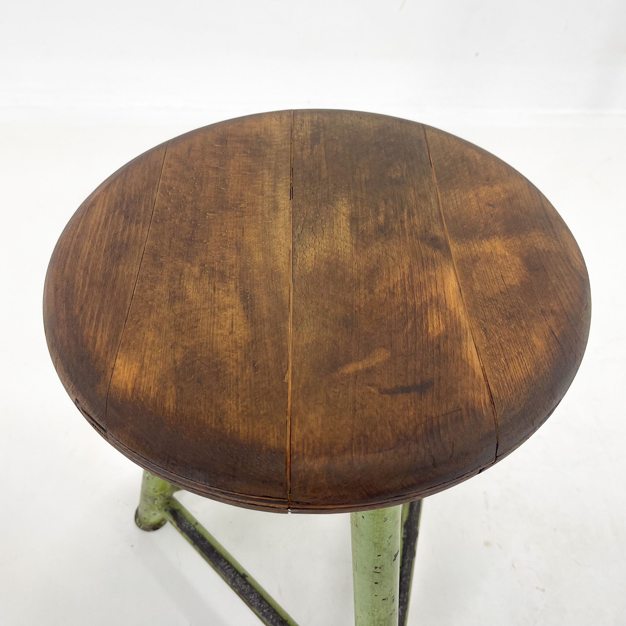 Vintage industrial steel & wood tripod stool, 1950's