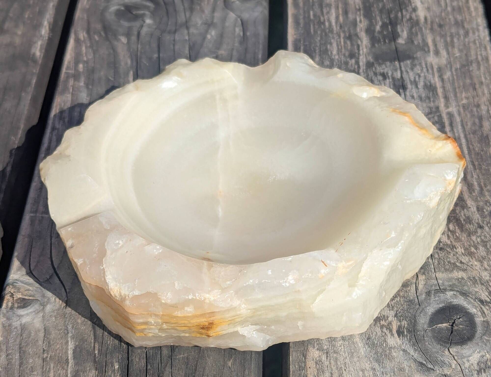 Vintage Brutalist Design Onyx Stone Ashtray Ochre Beige Shade