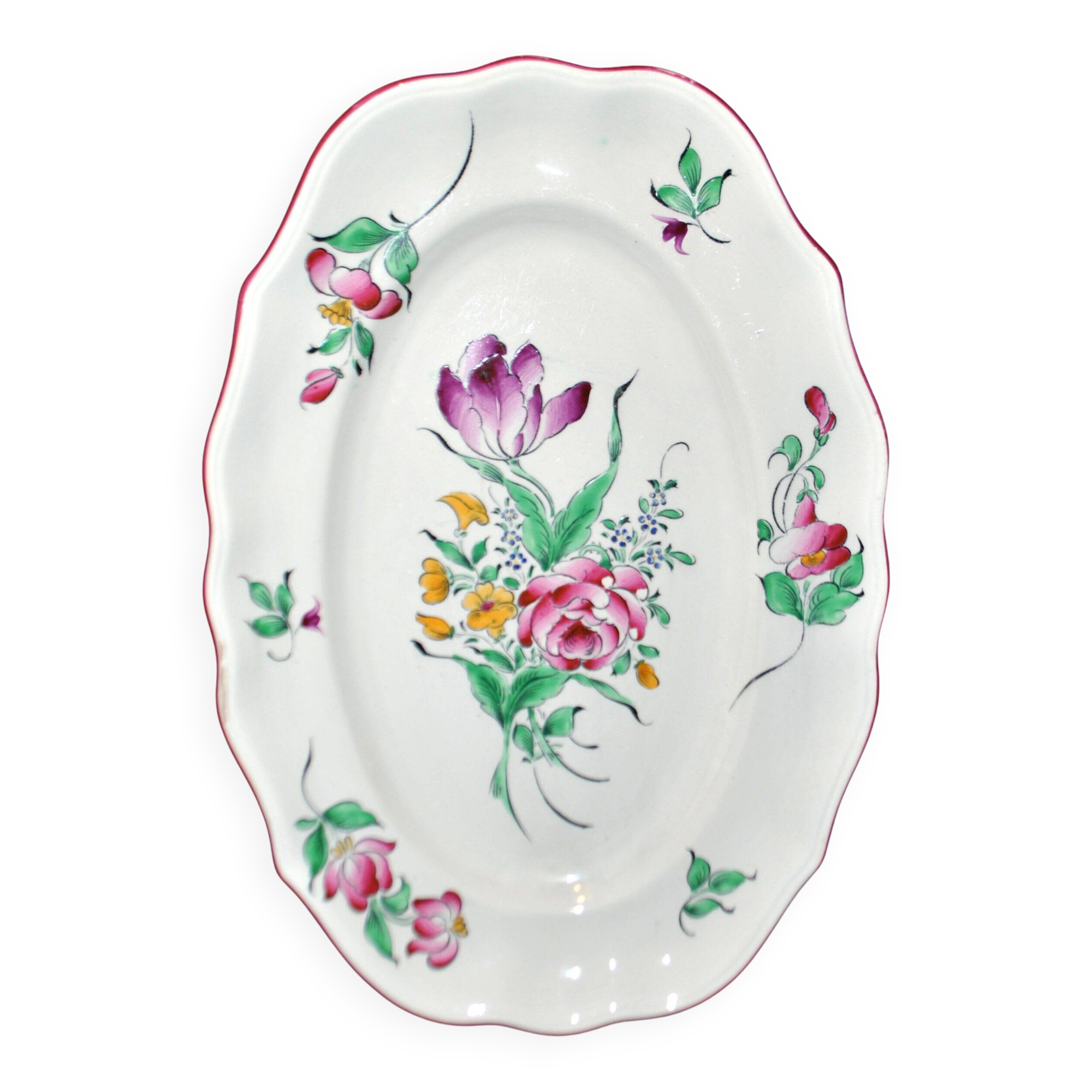 Lunéville Keller & Guerin, oval dish, Streetlight with polychrome flowers, 41×29
