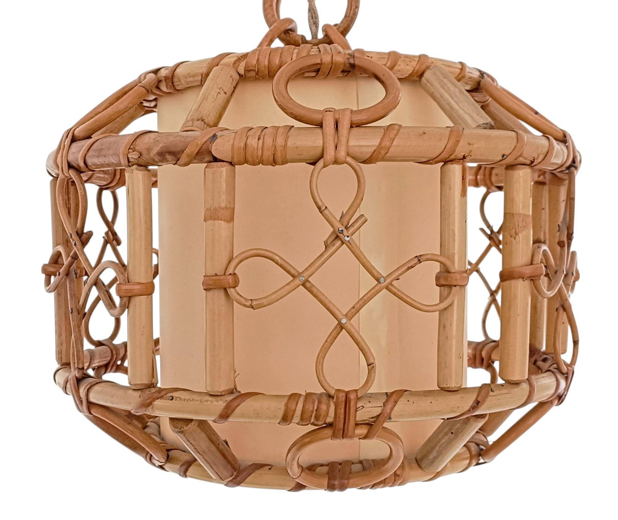 1960s Hand-Crafted Mid-Century Bamboo and Rattan Pendant Lamp, France