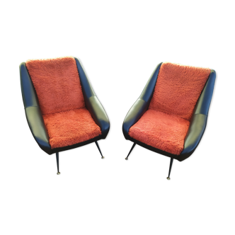 Pair of 2 armchairs skaï black and red moumoute - vintage - car seat style