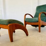 Vintage Danish Holserbro Møbelfabrik Lounge Chair & Stool in Green Suede