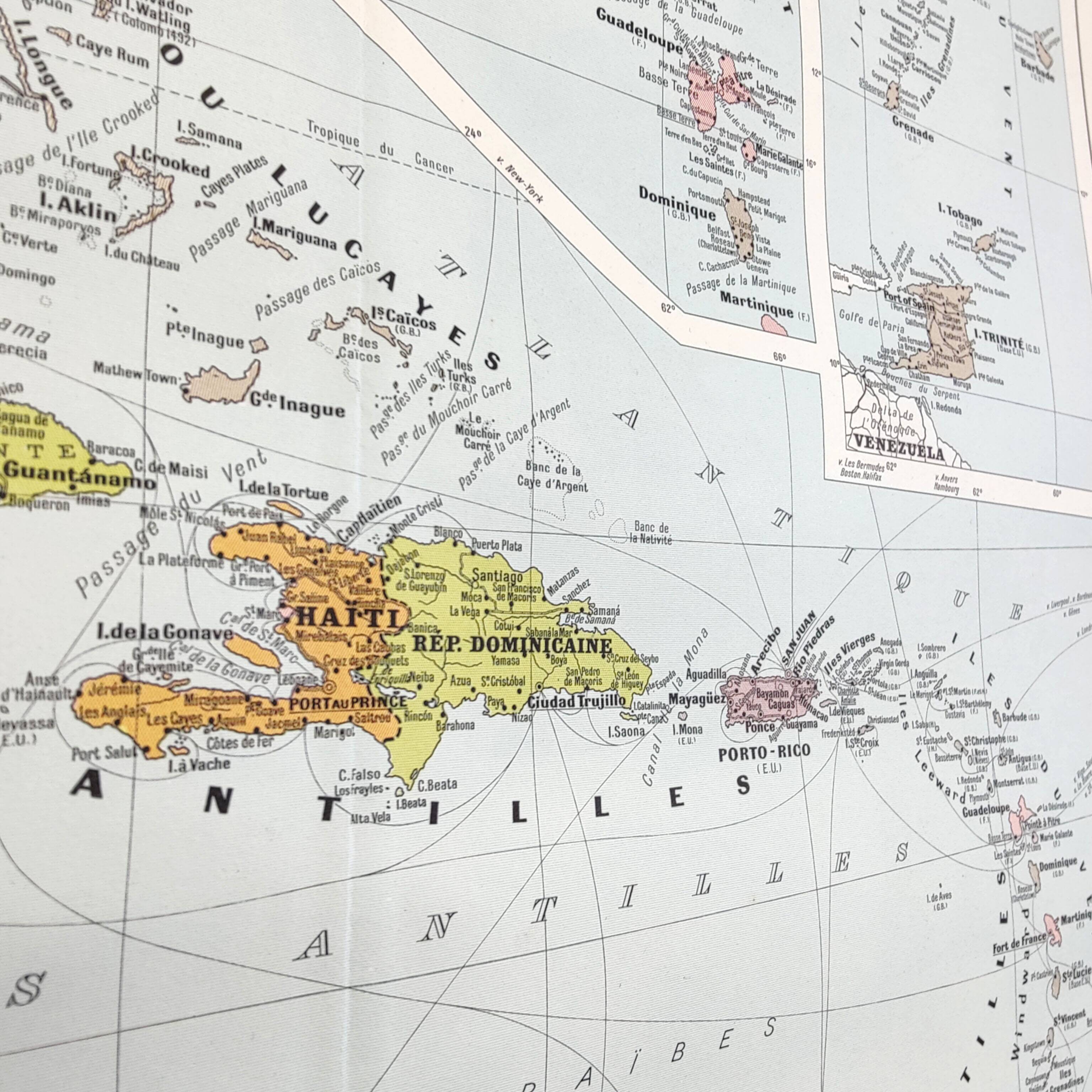 Map of the Antilles Caribbean Sea archipelago vintage from 1950