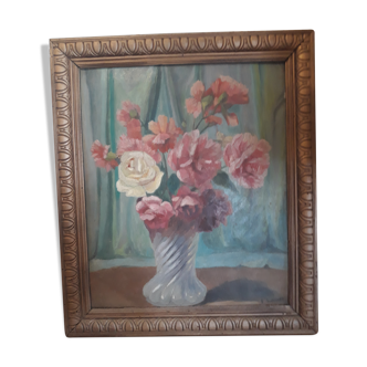 Oil on cardboard bouquet of vintage flowers