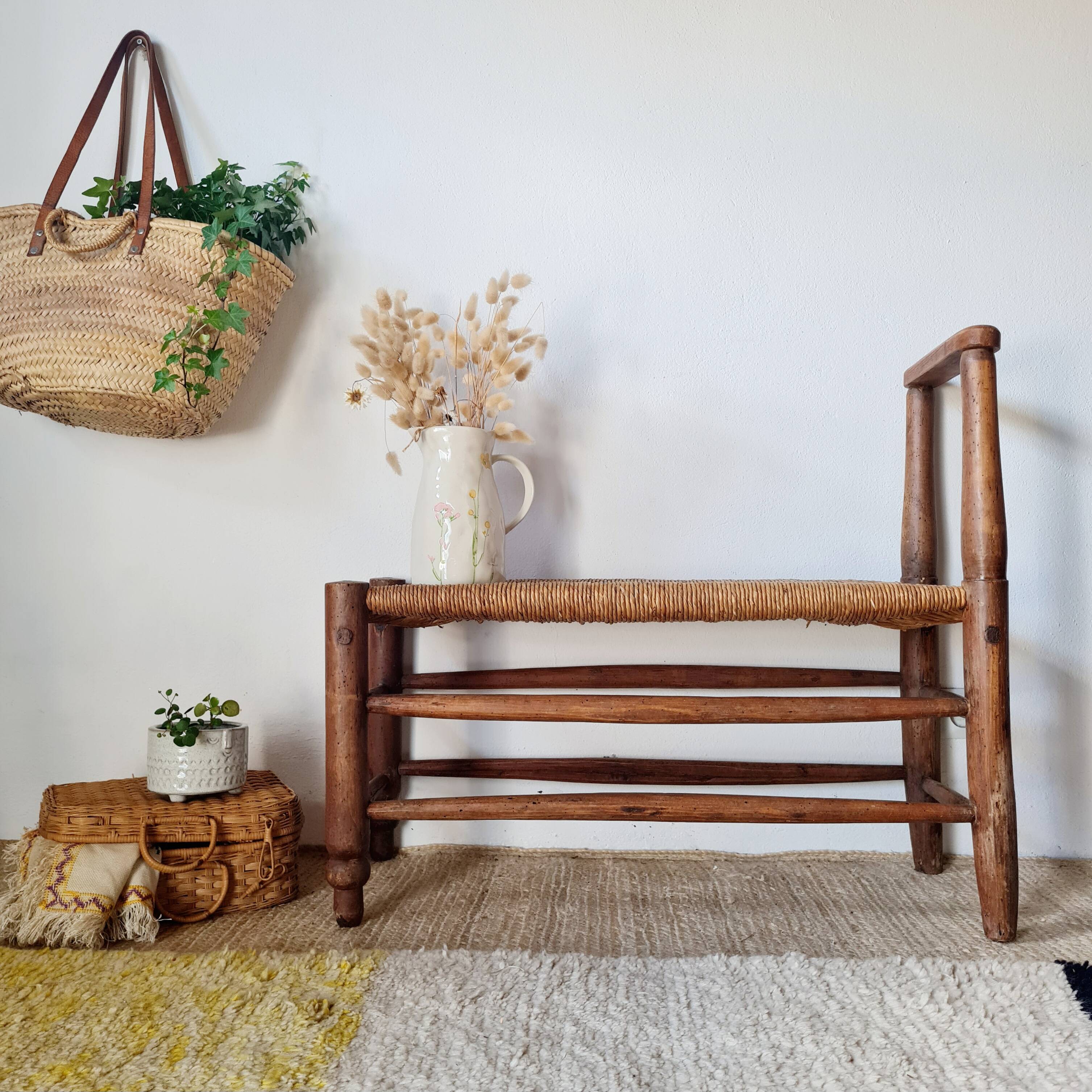 Turned wooden bench and straw - 1950s