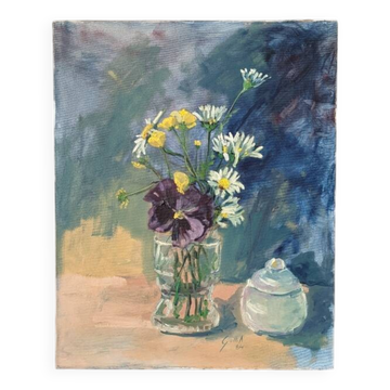 Acrylique sur toile tableau contemporain bohème campagne nature morte