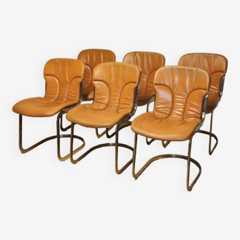 Series of 6 vintage Cidue Italy chairs in leather and metal, 1970s