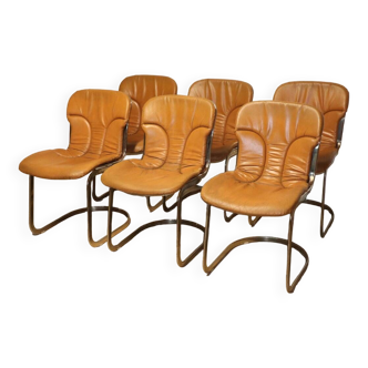 Series of 6 vintage Cidue Italy chairs in leather and metal, 1970s