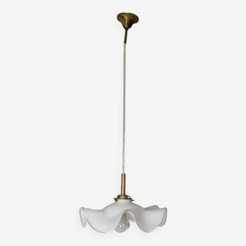 Old kitchen pendant light, white opaline with ruffle and transparent edging, period 1930/50