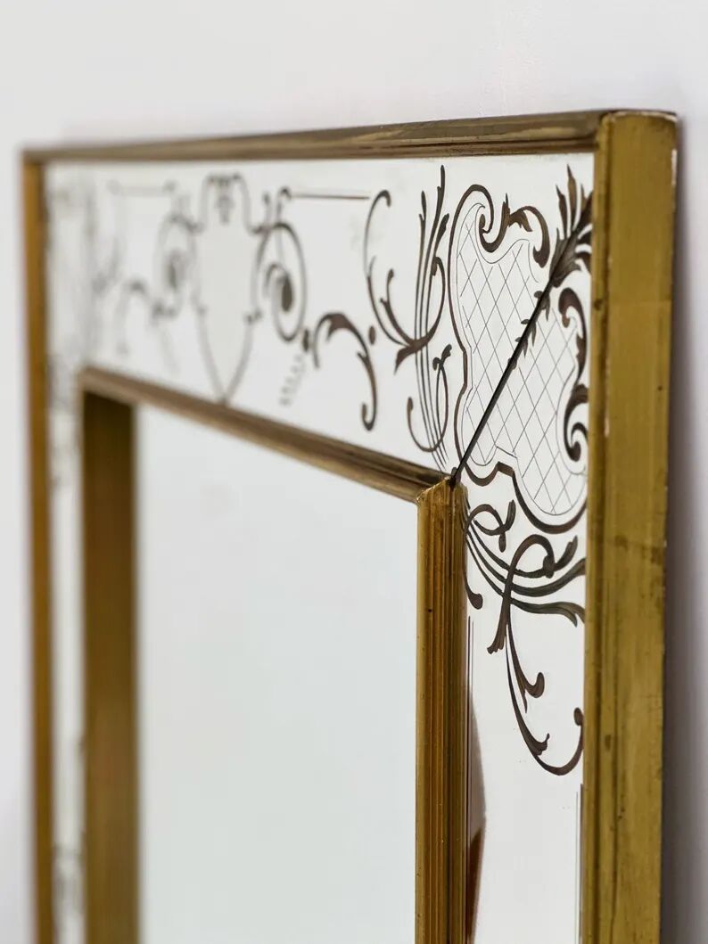 Large Vintage French Bistro Mirror with Hand-Painted Decoration and Gold Frame