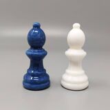 1970s Blue and White Chess Set in Volterra Alabaster Handmade. Made