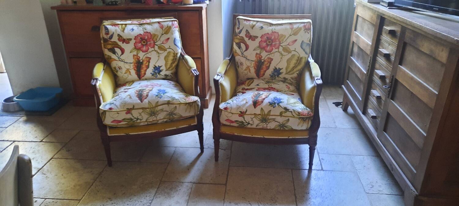 Pair of Louis XVI style bergère armchairs