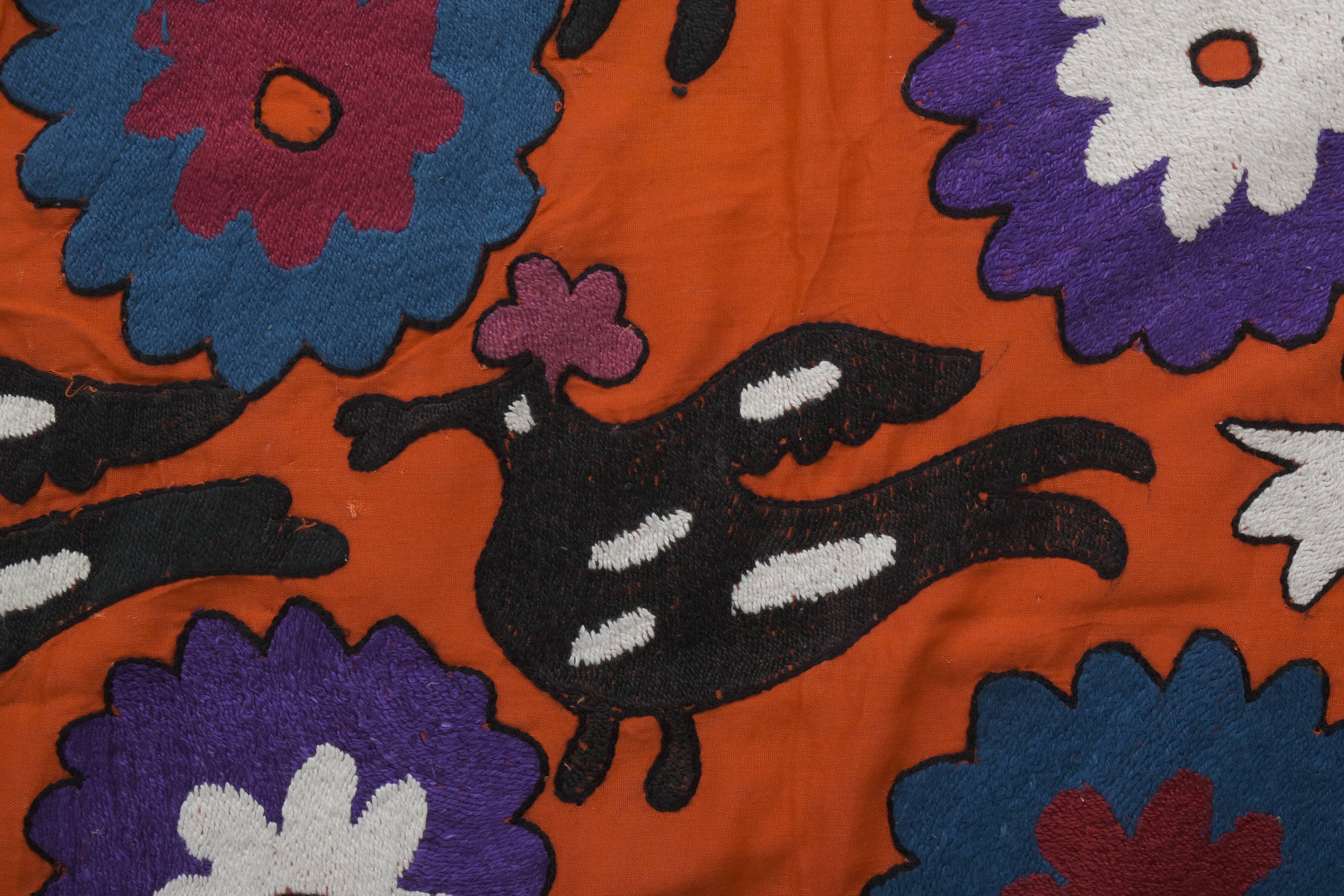 1970s folk art suzani with mythological birds, animal red uzbekistan wall decor