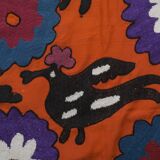 1970s folk art suzani with mythological birds, animal red uzbekistan wall decor