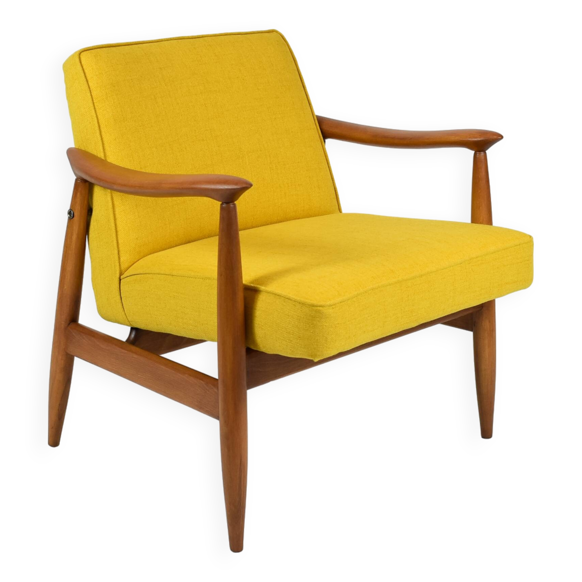 Vintage original armchair , 1960s, fully restored, yellow fabric, teak