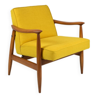 Fauteuil vintage d'origine, années 60, entièrement restauré, tissu jaune, teck