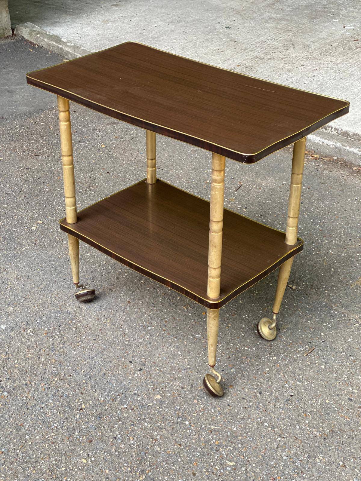 Double-tray rosewood serving trolley on gilded casters, 1970