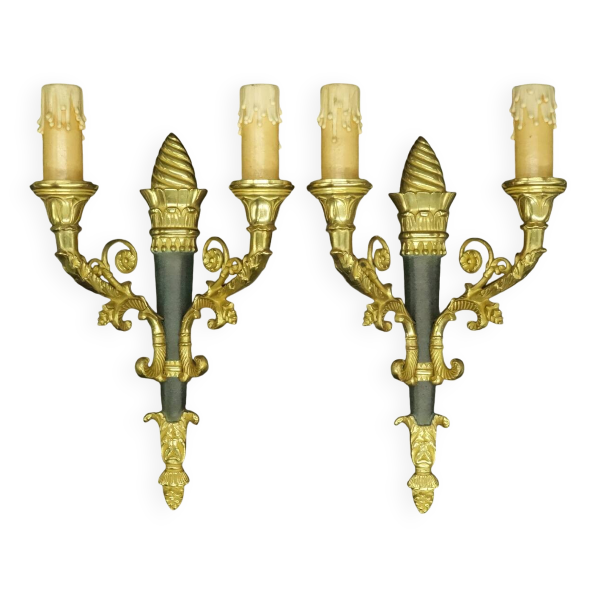 Pair of Restoration style wall lights from Hettier & Vincent - gilded bronze and green patina