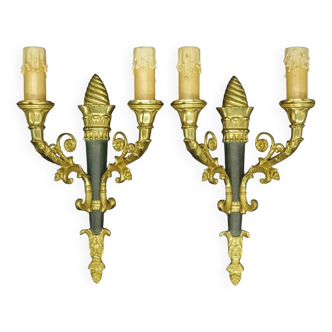 Pair of Restoration style wall lights from Hettier & Vincent - gilded bronze and green patina