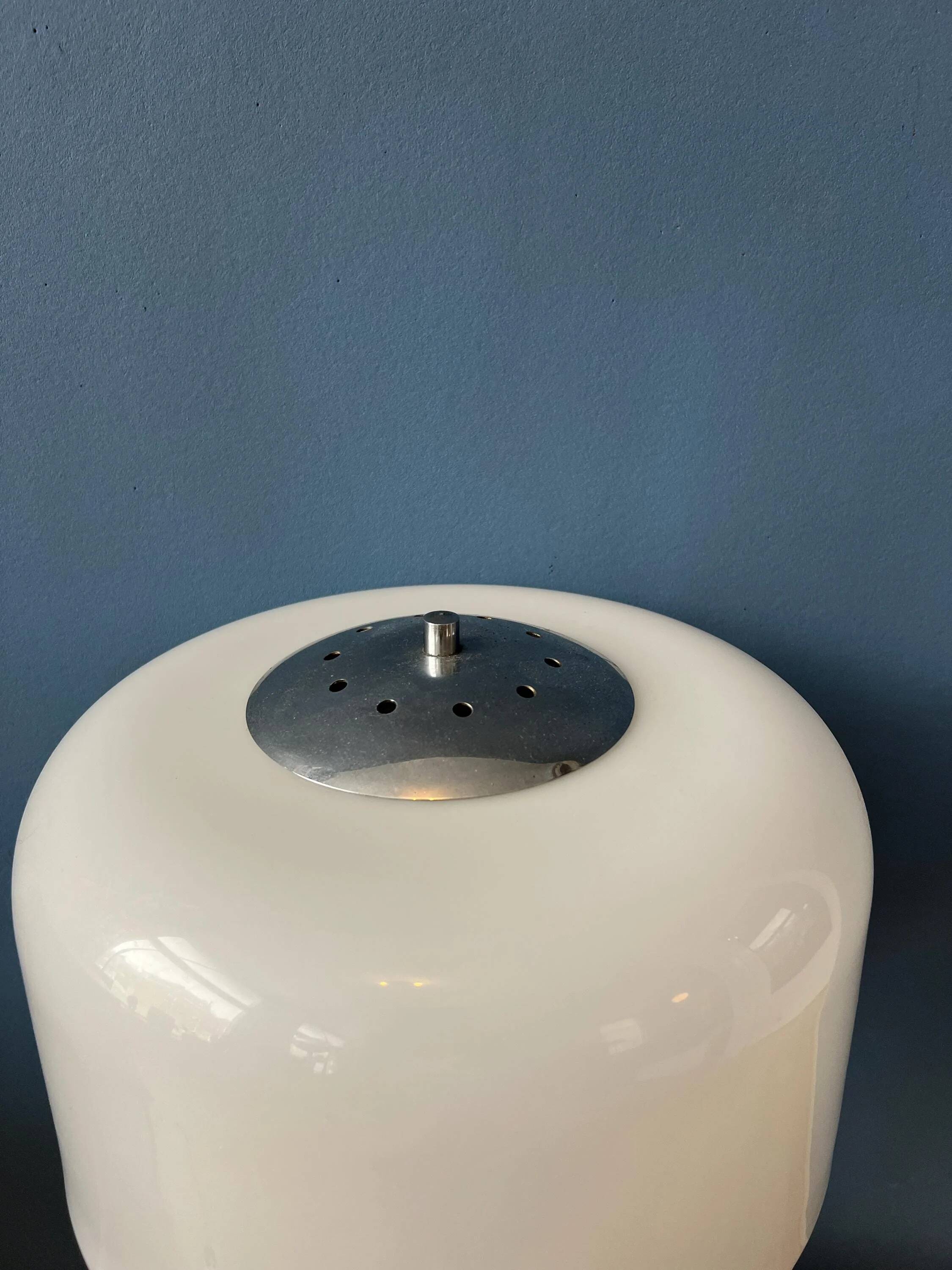 Space Age table lamp in chrome with white plexiglass mushroom shade.