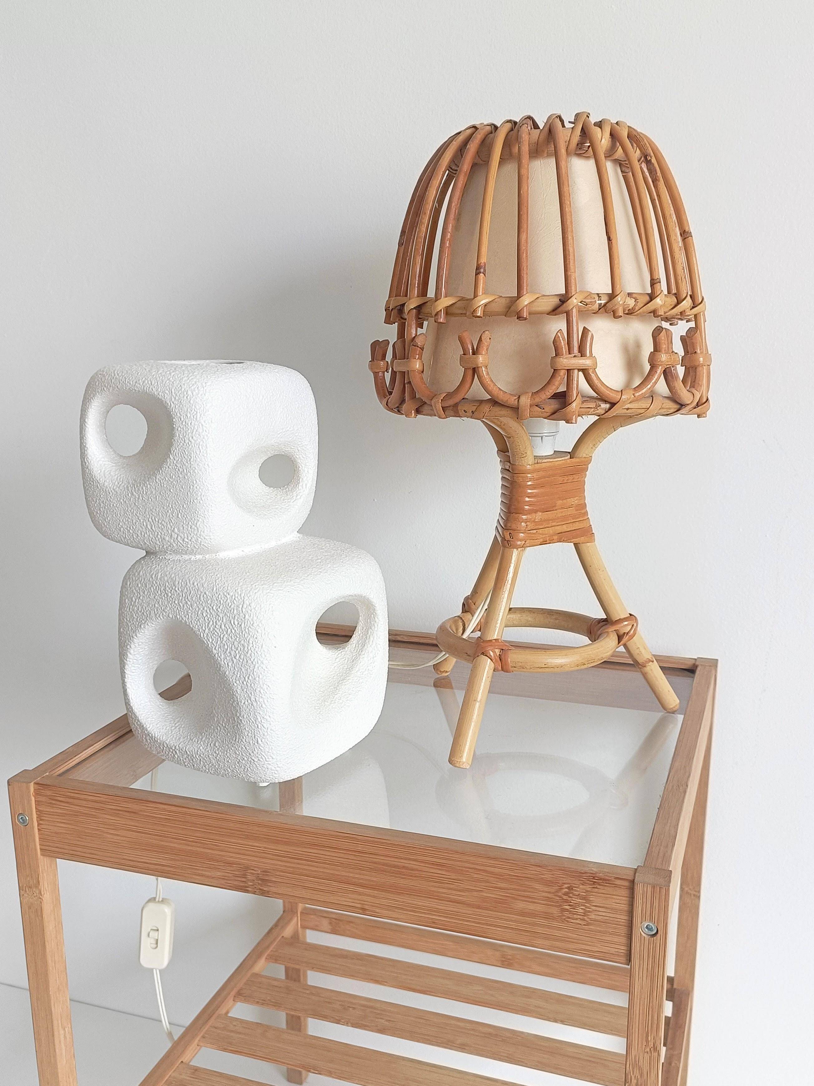 Midcentury Bamboo and Rattan Table Lamp, Attributed to Louis Sognot