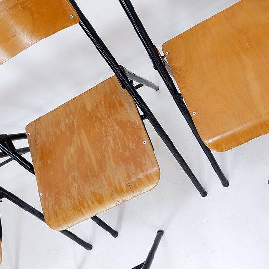 Vintage Set of 7 folding chairs in metal and wood - 1960s