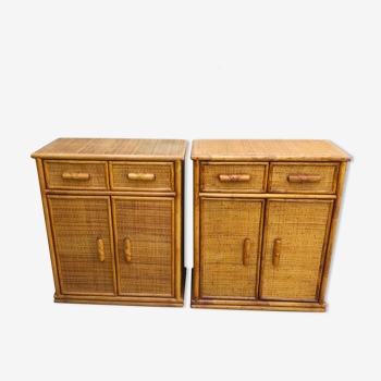 Pair of sideboards in rattan and wicker braided vintage 1970.