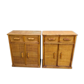 Pair of sideboards in rattan and wicker braided vintage 1970.