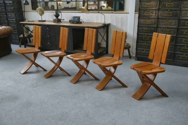 Set of 5 solid oak chairs by Seltz Manufacture 1970's