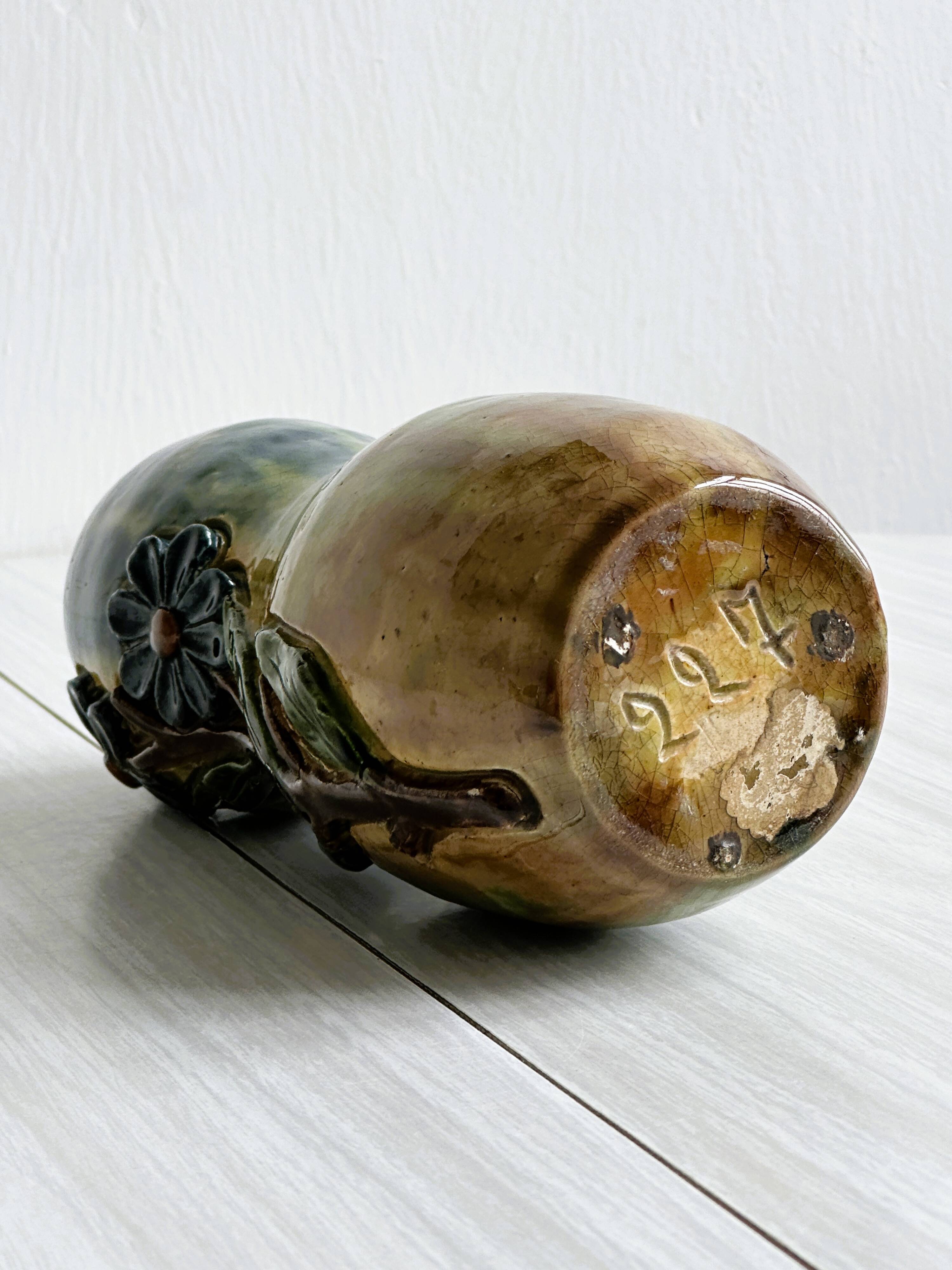 Vintage glazed ceramic vase – Floral motifs in relief