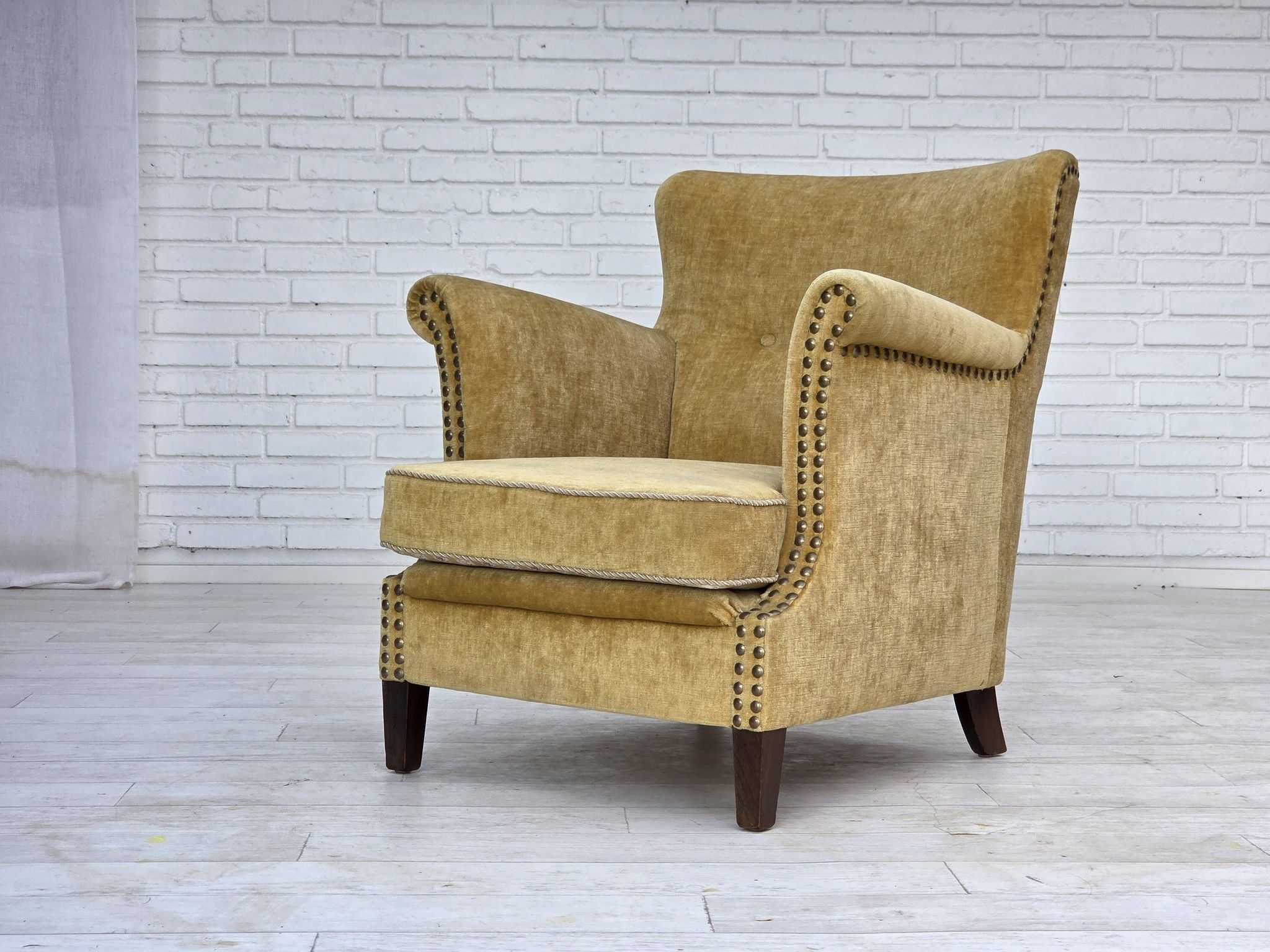 1960s, Danish armchair, honey-yellow furniture velour, original condition.